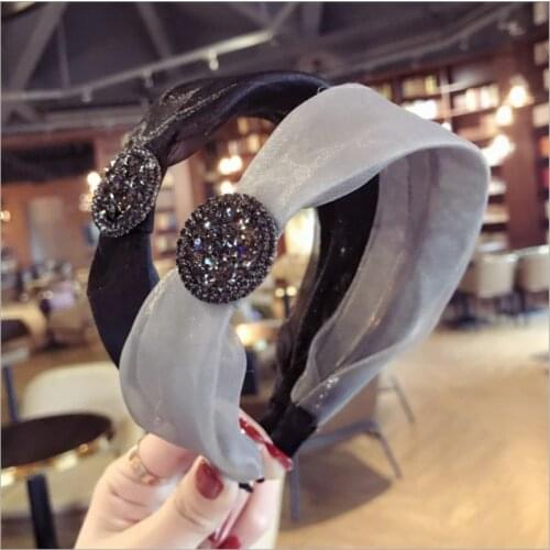 High-end hair accessories womens bud silk gauze fabric with diamonds super flash wide side headband headband wild girl headdres