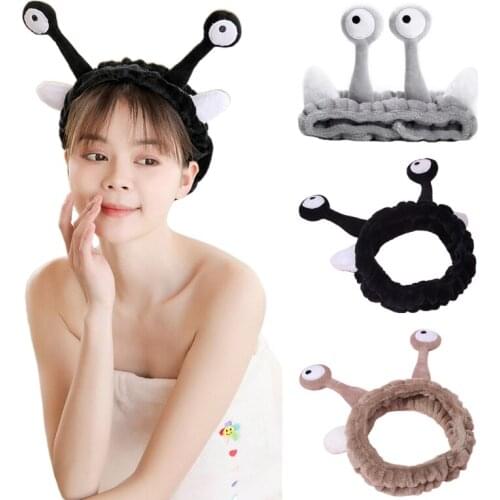Funny Cute Snail Eyes Ears Plush Headband Cartoon Antenna Wash Face Stretch Hair Band Solid Color Makeup Turban Bandana