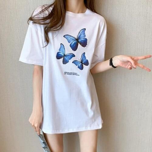 Summer Oversize Long T Shirt For Dress Women Fashion Butterfly Print White Tshirt Short Sleeve Tee Shirt Femme Girls Loose Tops