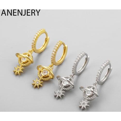 ANENJERY 925 Sterling Silver Planet Star Hoop Earrings for Women Gold Silver Zircon Earrings Jewelry Gifts S-E1394