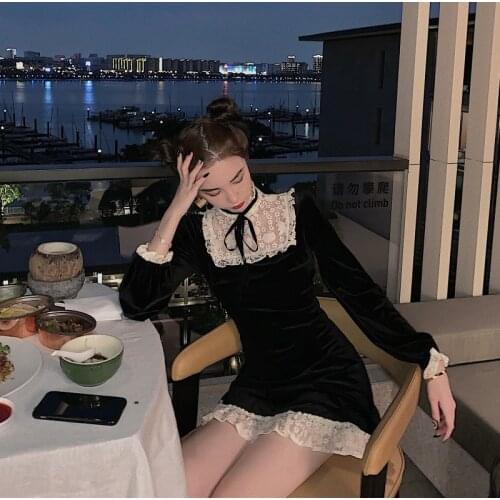 Japan style stand velvet black mini-dresses lace patchwork dress women fashion brand autumn long sleeve new vestido curto