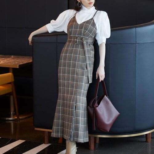 Japan Chic Elegant Bandage High Waist Trumpet Dress Women Slim Spaghetti Strap Robe Femme Office Lady Sweet 2021 Autumn Vestidos