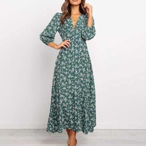Elegant Dresses For Women Stylish Printing Long Sleeves High Waist Chiffon V Neck Beach Fashion Dress Chiffon Maxi Dress 2021