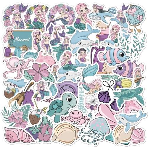 50Pcs/Set Cute Mermaid Cartoon Stickers Waterproof Sticker For Skateboard Laptop Bottle Luggage Phone Car Decal Kids Gifts