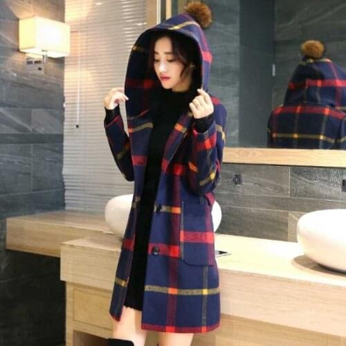 British Preppy Style Womens Medium Length Woolen Coats Korean Slim Single Breasted Big Hair Ball Hooded Plaid Female Overcoats