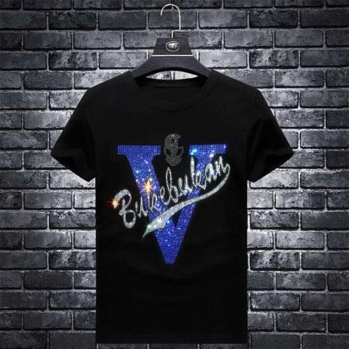 Fashion Vintage Full Sleeve T Shirt Men Clothing Tops Beading Hot Diamond V Print T-shirt Plus size Tees Mens Clothes