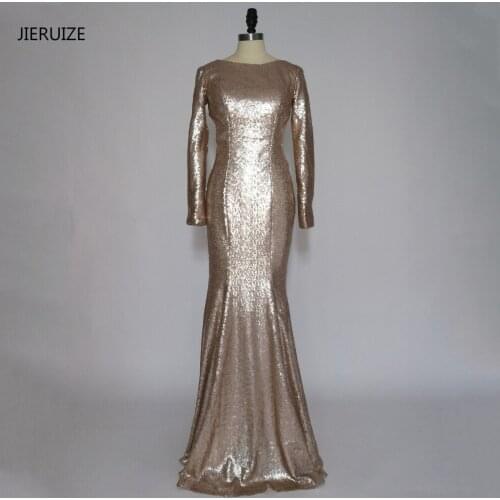 JIERUIZE Champagne Gold Sequin Backless Mermaid Long Prom Dresses Long Sleeves Low Back Evening Party Dresses Galajurken