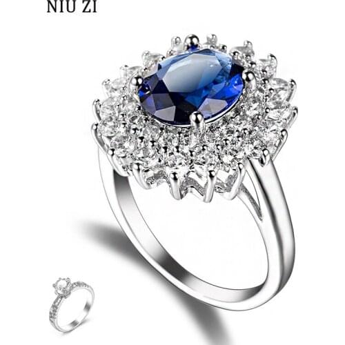 Korean Fashion Womens Silver Rings Retro Black Blue Crystal Zircon Flower Shape Rings Couple Dating Wedding Female Accessories