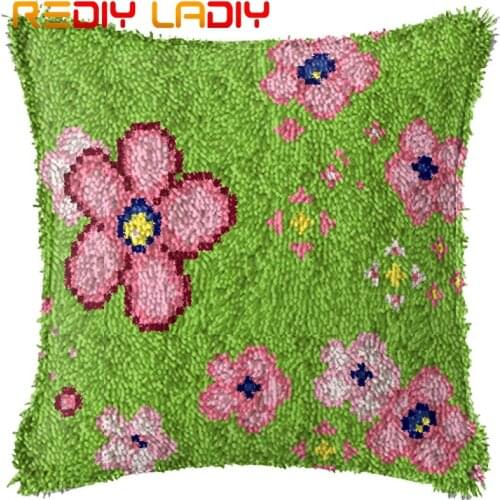 Latch Hook Cushion Pink Flowers Pre-Printed Canvas Cushion Cover Acrylic Yarn Crocheted Pillow Case Hobby & Crafts Home Decor