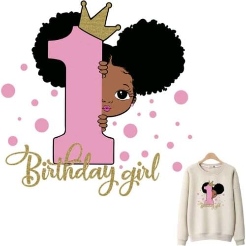 Cartoon Number 1 Black Girl Iron-On Patches For Clothing Washable Kid T-Shirts Heat Transfers Stickers Birthday Clothes Applique