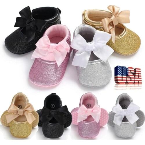 Baby First Walkers Toddler Kids Baby Girls PU Princess Bow Loving Heart Shoes Bowknot Lace Up Glitter Crib Sole Sneaker