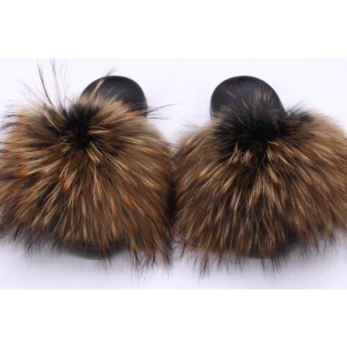 Monochrome Real Pure Natural Raccoon Fur Slippers Summer Indoor Non-Slip Fashion Soft Bottom Fur Fluffy Raccoon Slippers