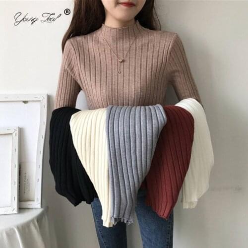 Solid Ribbed Elastic Pullover 2021 New Lady Thin Warm Half High Collar Tops Women Spring Fall Long Sleeve Slim Knitting Sweater