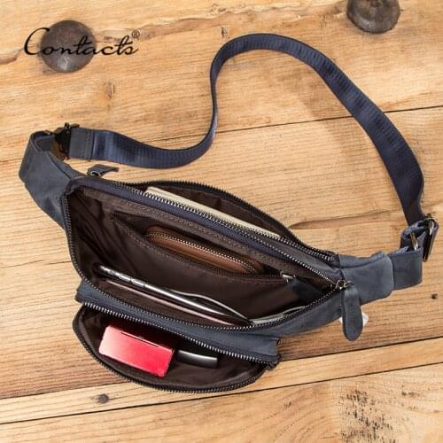 CONTACTS HOT Casual Waist Bags Genuine Leather Waist Bag Men Fanny Pack Large Capacity Leather Crossbody Bag Male Chest Packs