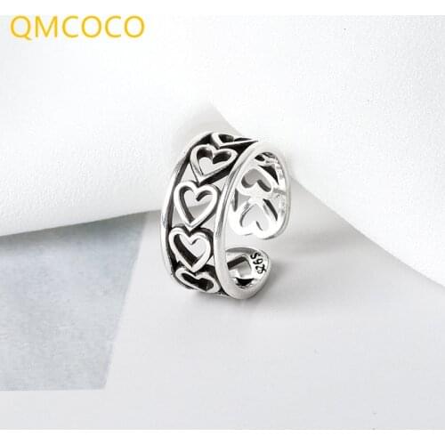 QMCOCO 925 Silver Hollow Out Love Heart-Shape Ring Vintage Personality For Woman Party Trendy Jewelry Opening Adjustable Rings