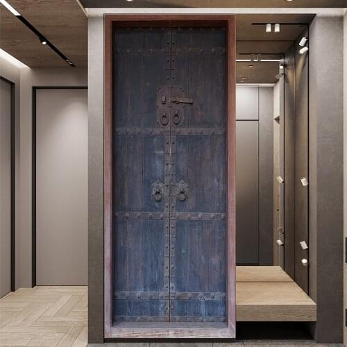 Retro Chinese Wooden Door DIY Door Stickers Home Decoration Wall Stickers Living Room Porch Art Mural Peel & Stick PVC Wallpaper