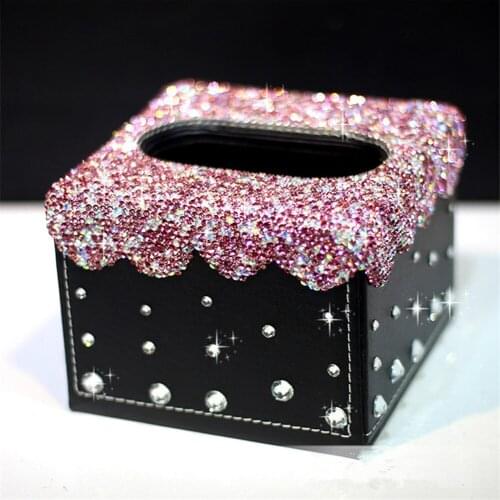 Luxury Crystal Paste Mini Square Style Car Tissue Boxes Block Leather Type Home Office Diamond Paper Towel Cover Case for Women