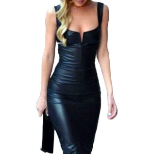 Hot Sexy PU Leather Bandage Bodycon Dress For Women Elegant Formal Party Office Lady Midi Skinny Zipper Black Dresses Plus Size