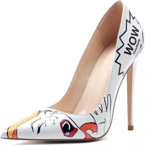Cartoon Printed Girls European Fashion Sexy Banquet High Heels Patent Leather Shallow Mouth Pointed Graffiti Stiletto Shoes