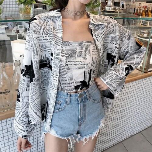 Womens Blouse 2021 Summer New Korean Shirt Chic Retro Newspaper Printing Sunscreen Long-sleeved Shirts Tube Top Two-piece Top