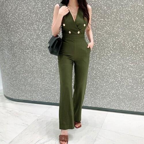 New arrival fashion summer jumpsuits women sleeveless office lady work style temperament simple armygree long jumpsuits