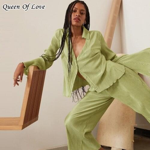 Pleated Y2K High Waist Straight Pants Outfits Women 2021 Autumn Cardigan Shirt Blouse Sweatpants Pant 2 Pieces Matching Set