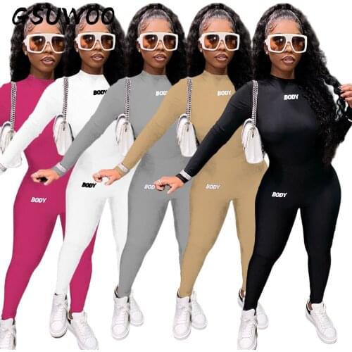 GSUWOO Women Letter Print Sports Two-piece Suit Solid Color Long Sleeve Turtleneck Top Pencil Pants Leggings Autumn Outfits