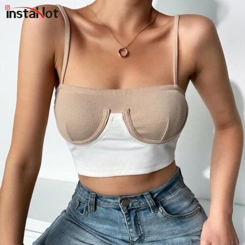 InstaHot cami top women 2020 summer rib knit bikini patchwork slash neck slim skinny backless crop top casual fashion strap tops