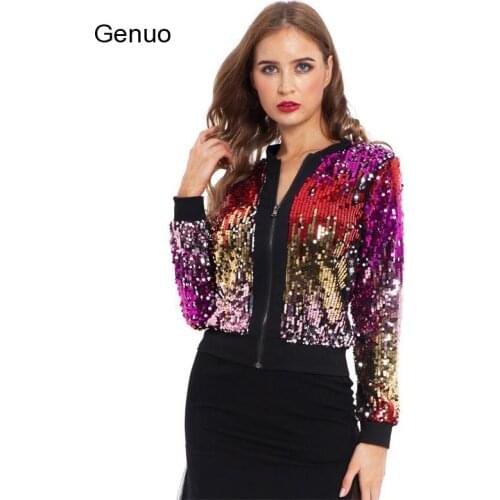 2020 Autumn/spring New Arrived Womens Coats Sequin Gradient Color Fashion Short Slim Style Female Sexy Party Club Crop Jackets