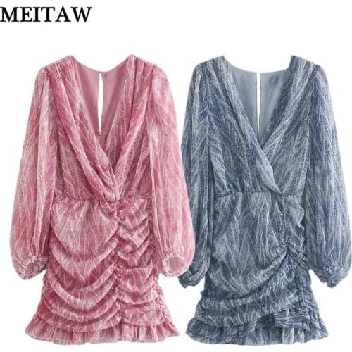 2021 Summer Autumn Printed Long Sleeve Ruffle Mini Dress Ladies Deep V Neck Wrap Pleated Dress Female Korean Party Dresses