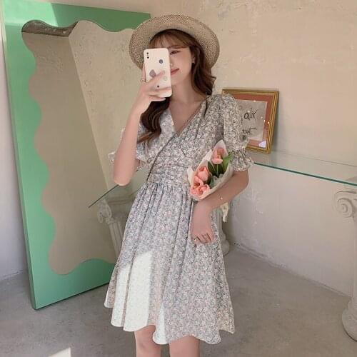 Elegant Floral Print V Neck French Style Dress Women Ruffled Princess Sleeves High Waist Dress Summer Chiffon Woman Dresses