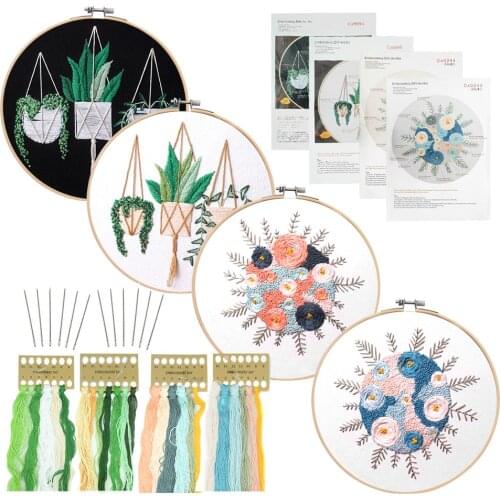 DIY Stamped Embroidery Starter Kit Ribbon Painting Tools Home Decoration Cross Stitch with Flowers Plants Pattern Color Threads