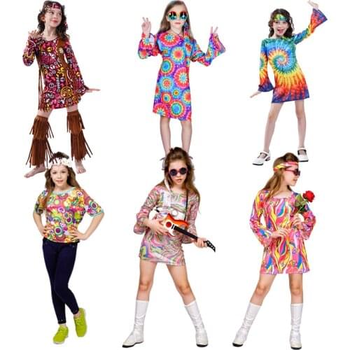 Girls 60s 70s Hippie Dress Halloween Cosplay Costume Kids Fancy Dress Disco Costume Christmas Party Children Purim Outfits Suit