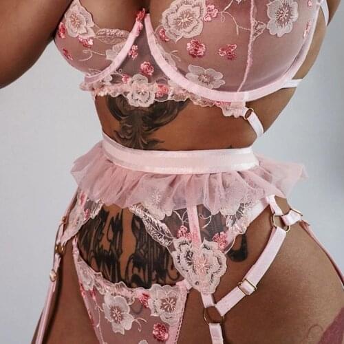 Women Lingerie Set Sexy Ladies Underwear Set Mesh Flower Perspective Stitching Cross Sexy Garter 3-piece Suit Langerie Babydoll