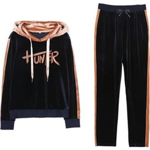 DANCING WINGS Letter printing Long Sleeve Hooded Top and Pants Gold Velvet Tracksuit Womens Sets