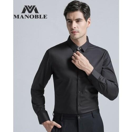 Mens Dress Shirt 2021 Brands New Fashion Regular Fit Shirts Business Long Sleeve with Cufflink Small Black Collar Solid Color