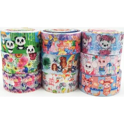 Q&N ribbon 50Yards 16mm - 75mm Flower Panda Cat owl animal Grosgrain/FOE Ribbons for DIY Bow Craft Wedding Easter egg Decoration