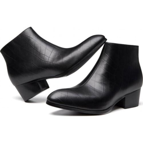 Autumn Winter Pointed Toe Genuine Leather Boots Men Fashion Side Zipper Formal High Heels Ankle Boots Footwear Male Black/White