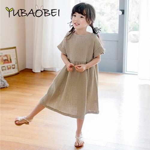 2020 Summer Big Girl Dress Loose Ruffles Cotton Linen Short Sleeve Teens Dresses Casual Kids Outfits Princess Children Clothing