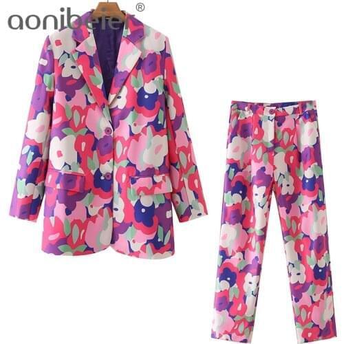Aonibeier 2021 Za Woman Casual Traf Outfits Female Autumn Colored Print Loose Blazers + Ankle Length Pants Suits 2 Piece Sets