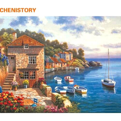 CHENISTORY Town Seascape DIY Painting By Numbers Coloring Painting By Numbers Handpainted On Canvas Home Decor Wall Art Picture