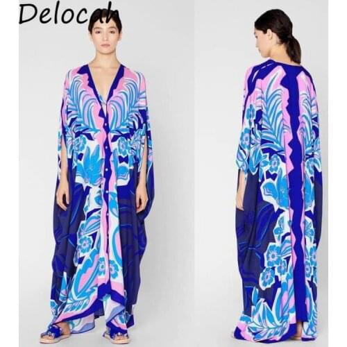 Delocah Summer Womne Fashion Designer Holiday Robe Maxi Dress Sexy V-Neck Printed Loose Kaftan Ladies Plus size Long Dresses