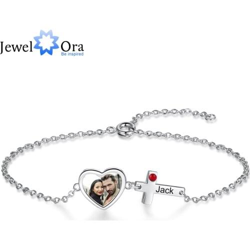 JewelOra Designer Jewelry-Personalized Memory Photo Heart Bracelet Engrave Name Cross Bracelets for Women Birthstone Custom Gift