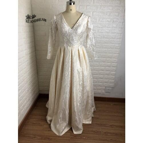 XUANDREAM elegant vestido de baile curto v neck long sleeves formal women gown for dinner party cheap prom dresses XD-147