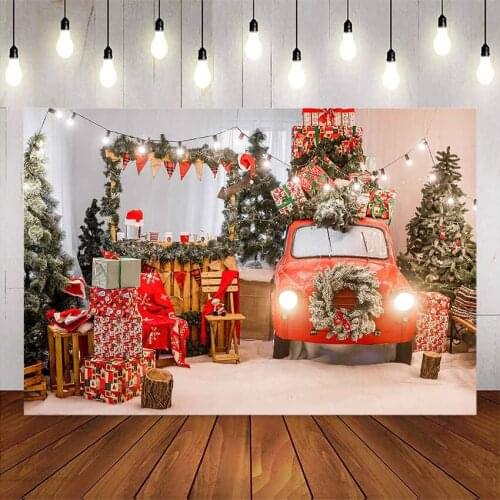 Photography background red car christmas decoration sock gifts photo booth background chrsitmas tree background for photo studio
