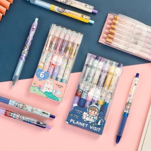 JIANWU 6Pcs/Set Kawaii Cartoons Gel Pen 0.5mm Black Ink Retractable Ballpoint Pen for Writing School Office Stationery Supplies
