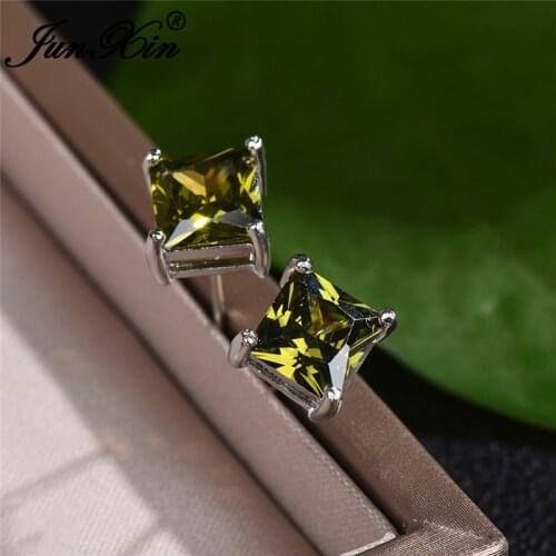 August Birthstone Olive Green Crystal Princess Square Stud Earrings For Women Men Stacking Daily Bone Earring Wedding Cz