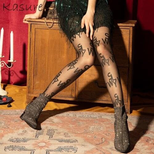 KASURE With Inscriptions Transparent Letter Tights With Tattoos Sexy Transparent Nylon Tights For Women Pattern Pantyhose