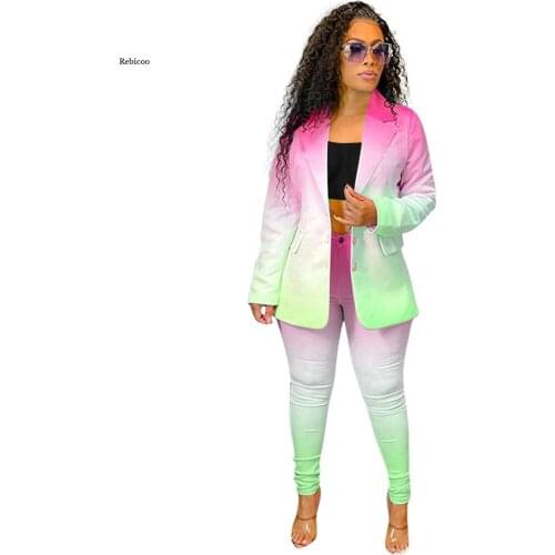 Women Blazers Set Gradient Long Sleeve Blazers Trousers Suit Women Two Piece Set Office Lady Sportswear Outfits New