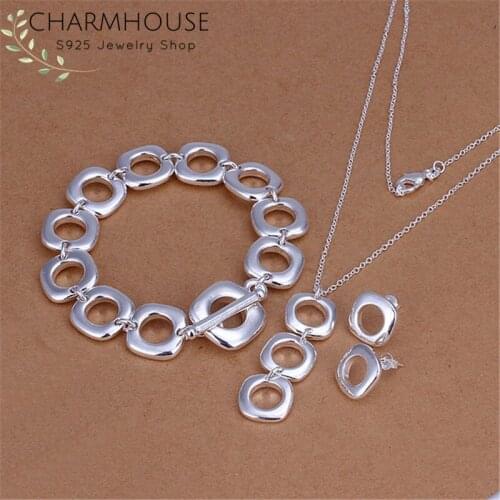 Charmhouse Silver 925 Jewelry Sets For Women Square Pendant Necklace Bracelet Earrings 3pcs Costume Jewelry Set Party Gifts